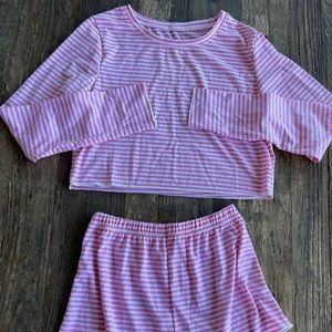 New Pink & White Striped Tee & Shorts Pajama Set